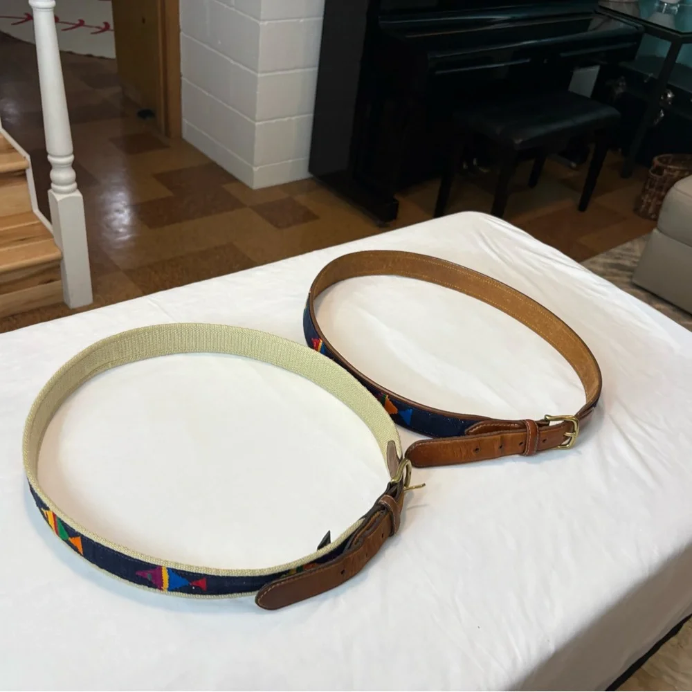 Orvis Brown Leather & Navy Embroidered Fish Belts BUNDLE OF 2 TOTAL